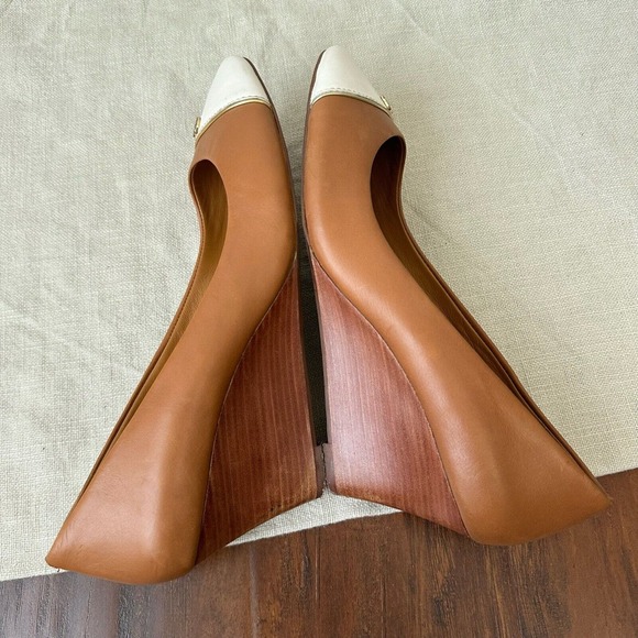 TORY BURCH Tiffy Two Tone Leather Wedge Pumps Cap Toe in Tan White - Picture 6 of 14
